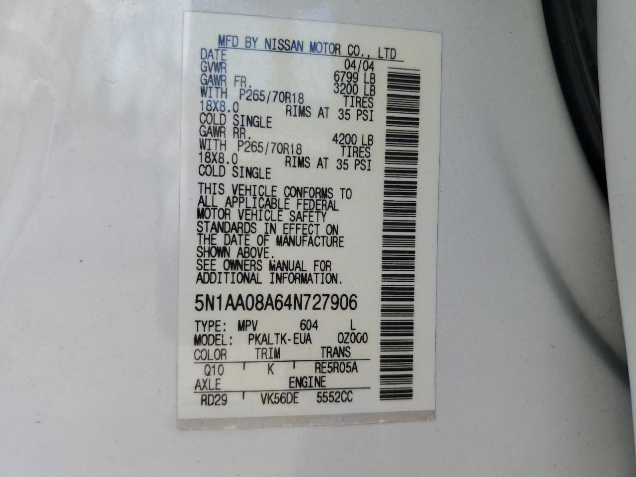2004 Nissan Armada Se VIN: 5N1AA08A64N727906 Lot: 64329785