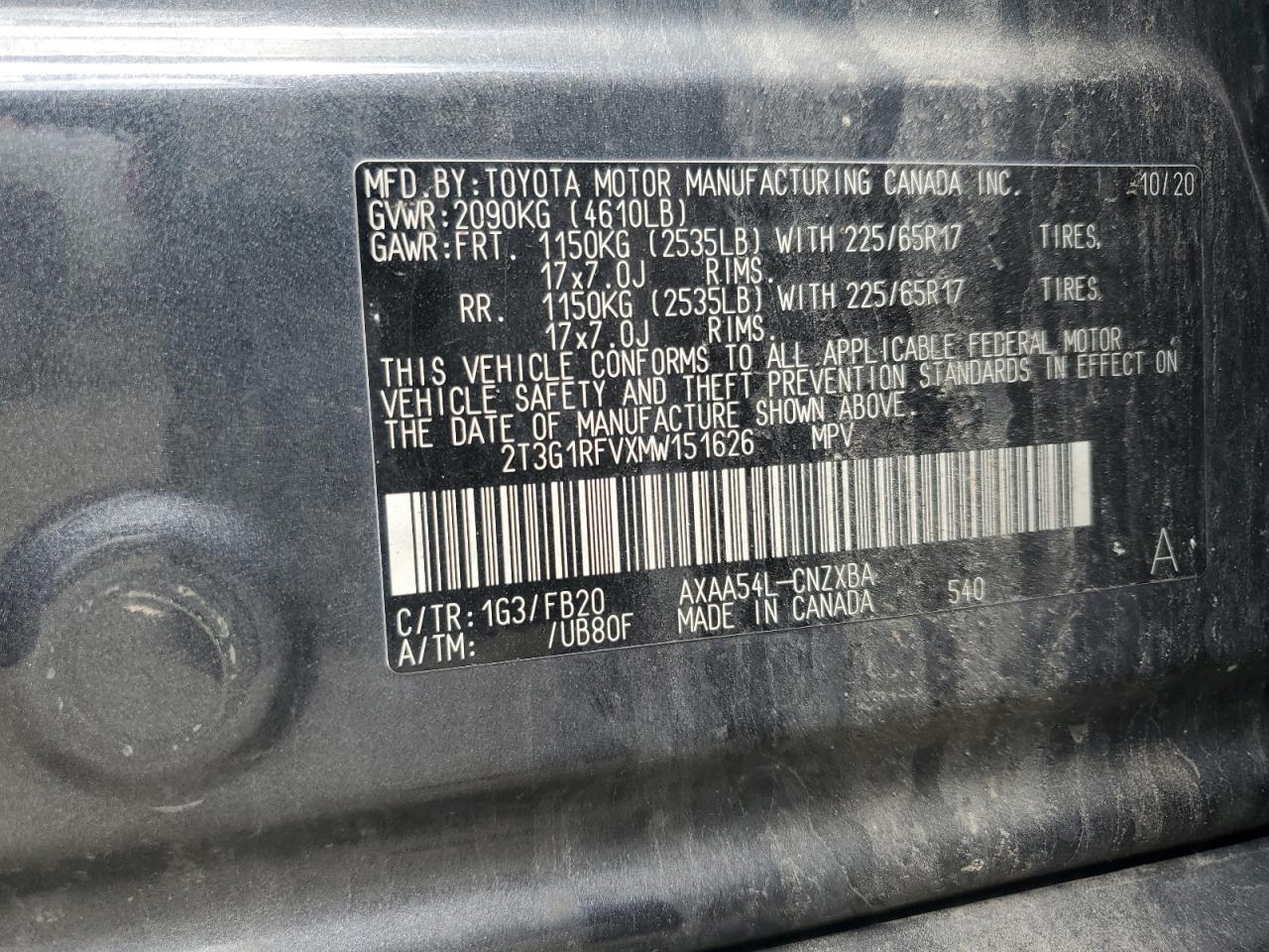2021 Toyota Rav4 Le VIN: 2T3G1RFVXMW151626 Lot: 63589835