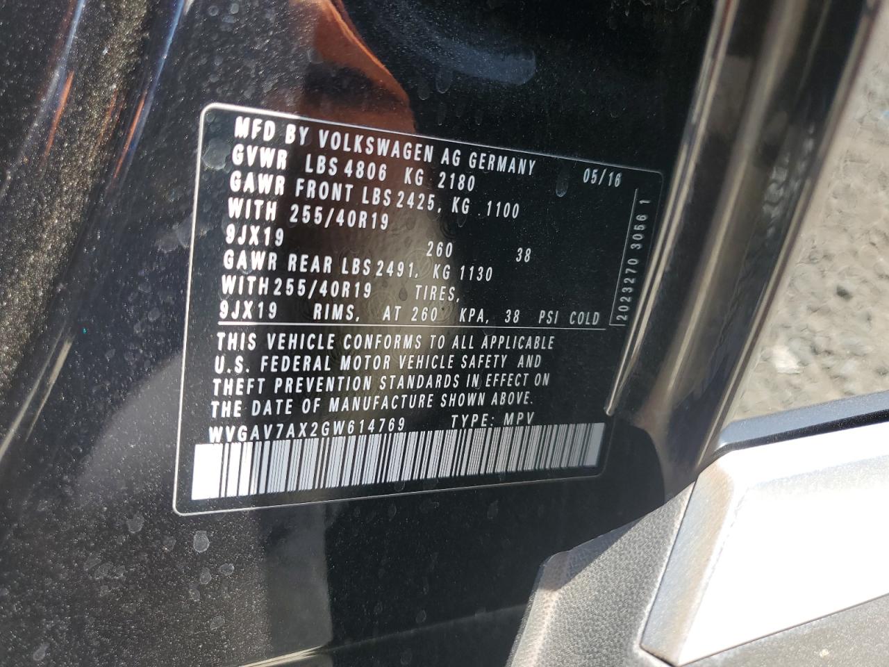 2016 Volkswagen Tiguan S VIN: WVGAV7AX2GW614769 Lot: 64051285