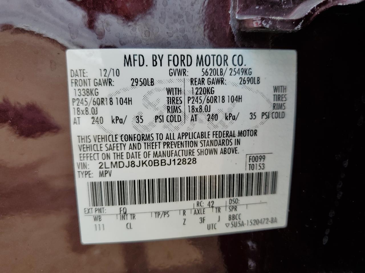 2011 Lincoln Mkx VIN: 2LMDJ8JK0BBJ12828 Lot: 66179015