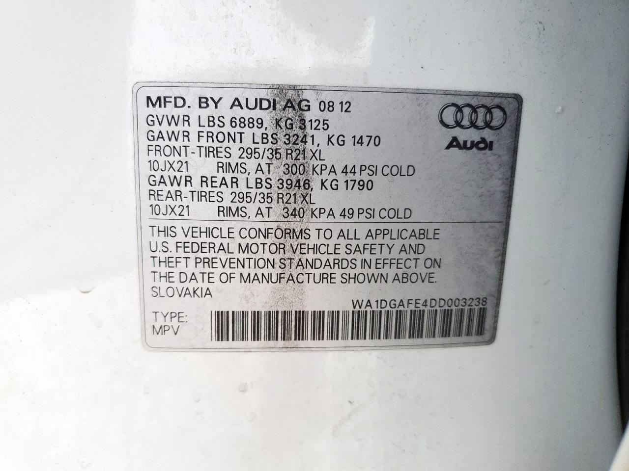 2013 Audi Q7 Prestige VIN: WA1DGAFE4DD003238 Lot: 64949835