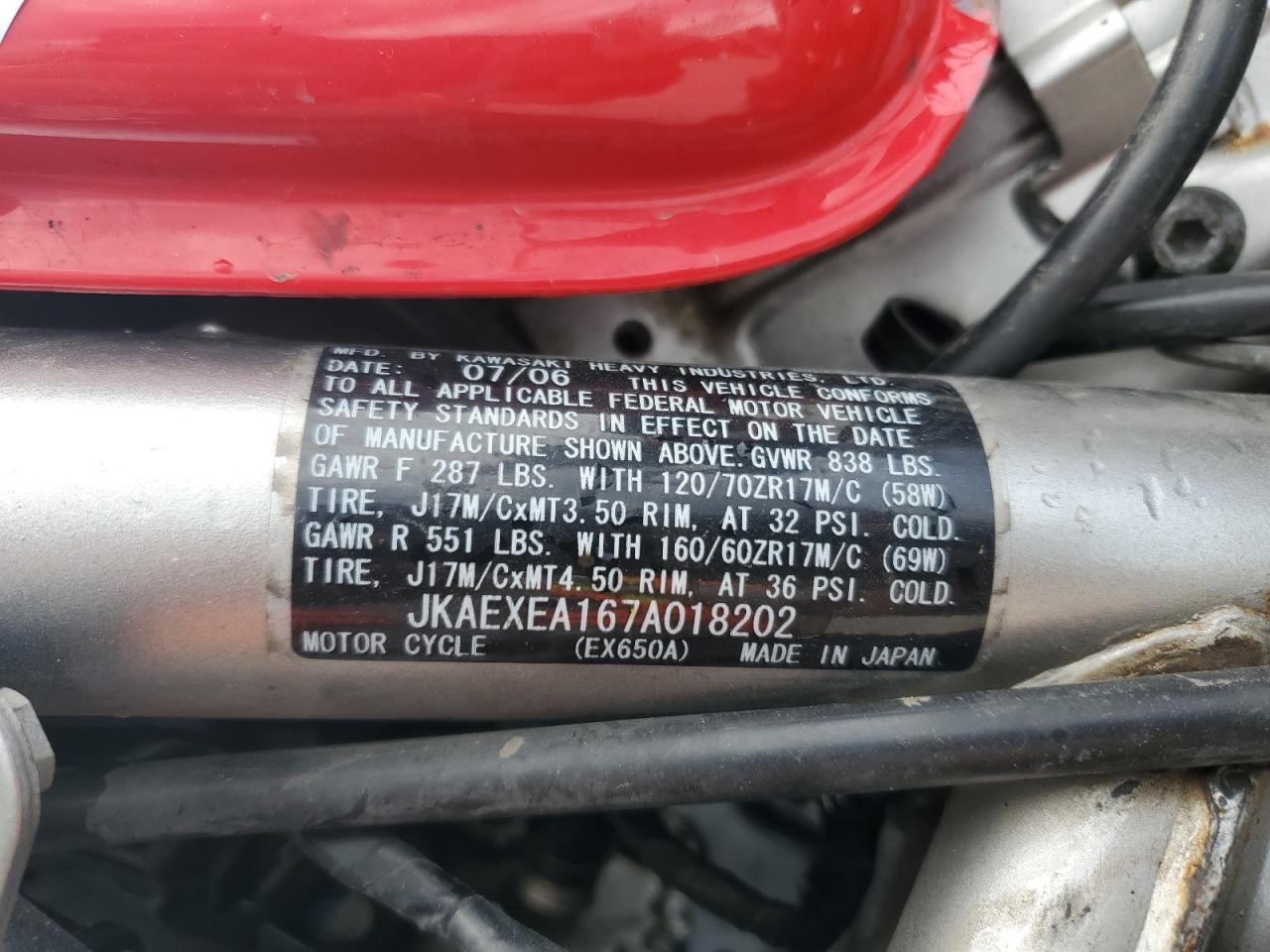 jkaexea167a018202 JKAEXEA167A018202 2007 Kawasaki Ex650 A