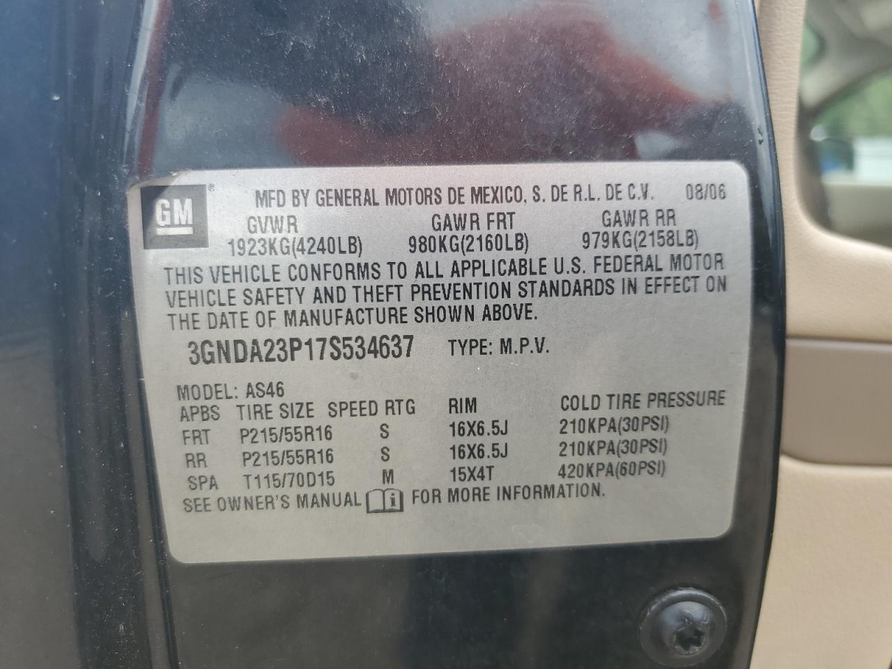 2007 Chevrolet Hhr Lt VIN: 3GNDA23P17S534637 Lot: 65968975