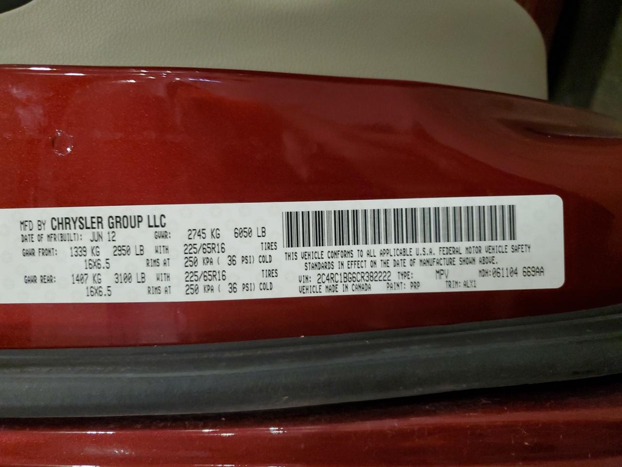 2012 Chrysler Town & Country Touring VIN: 2C4RC1BG6CR382222 Lot: 64600155