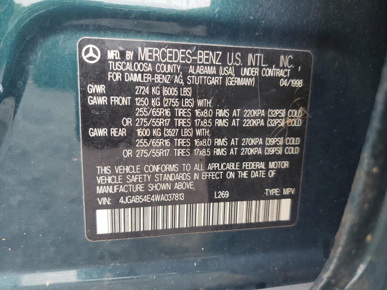1998 Mercedes-Benz Ml 320 VIN: 4JGAB54E4WA037813 Lot: 63034575