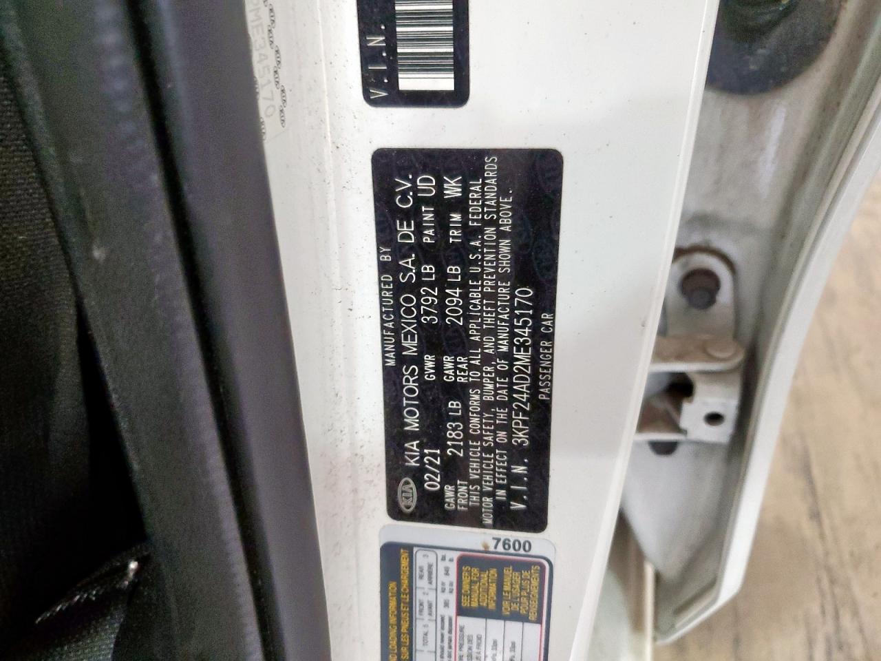 3kpf24ad2me345170 3KPF24AD2ME345170 2021 Kia Forte Fe