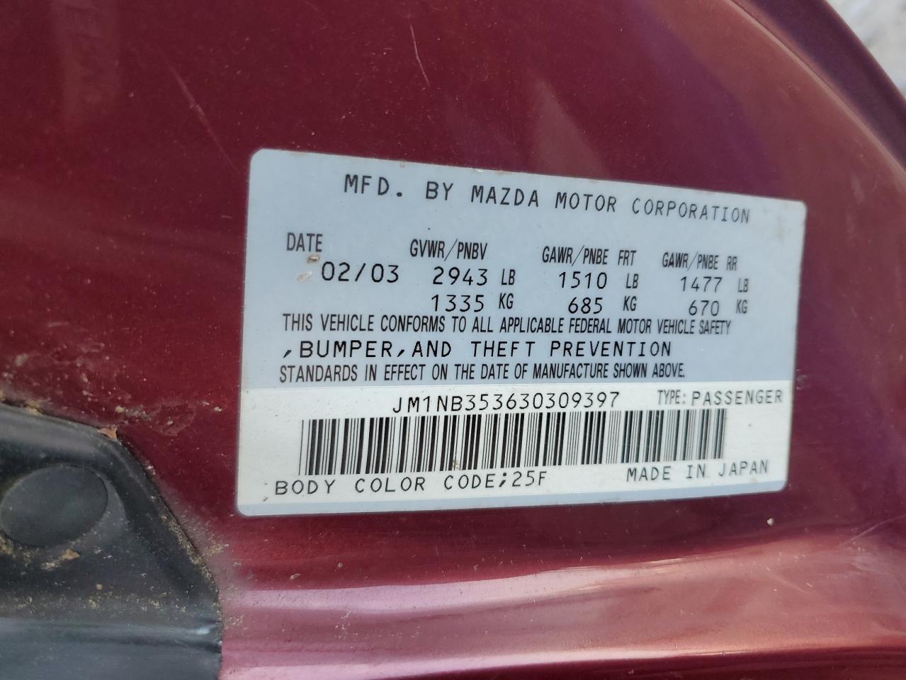 2003 Mazda Mx-5 Miata Base VIN: JM1NB353630309397 Lot: 65026285