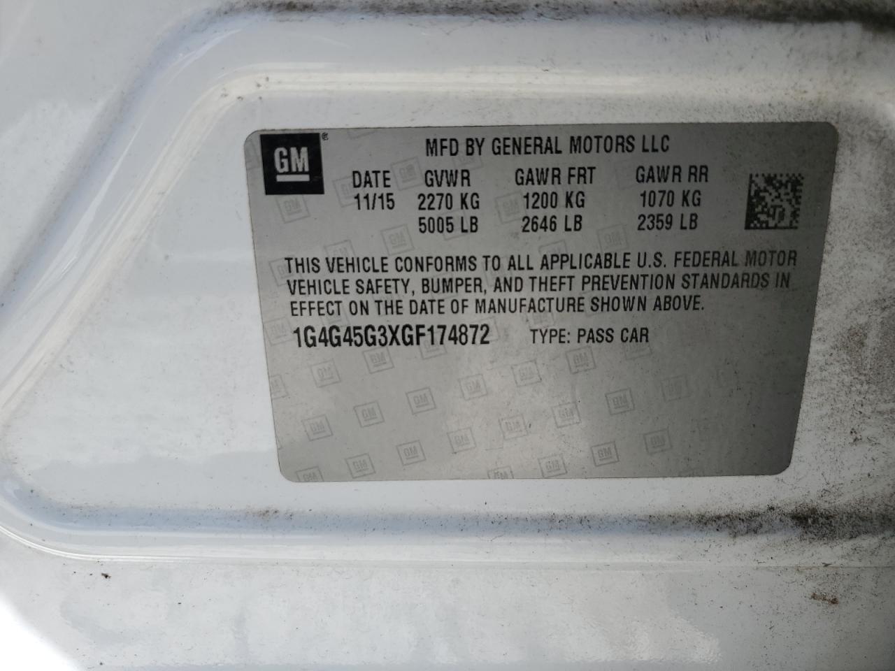 2016 Buick Lacrosse Sport Touring VIN: 1G4G45G3XGF174872 Lot: 66534395