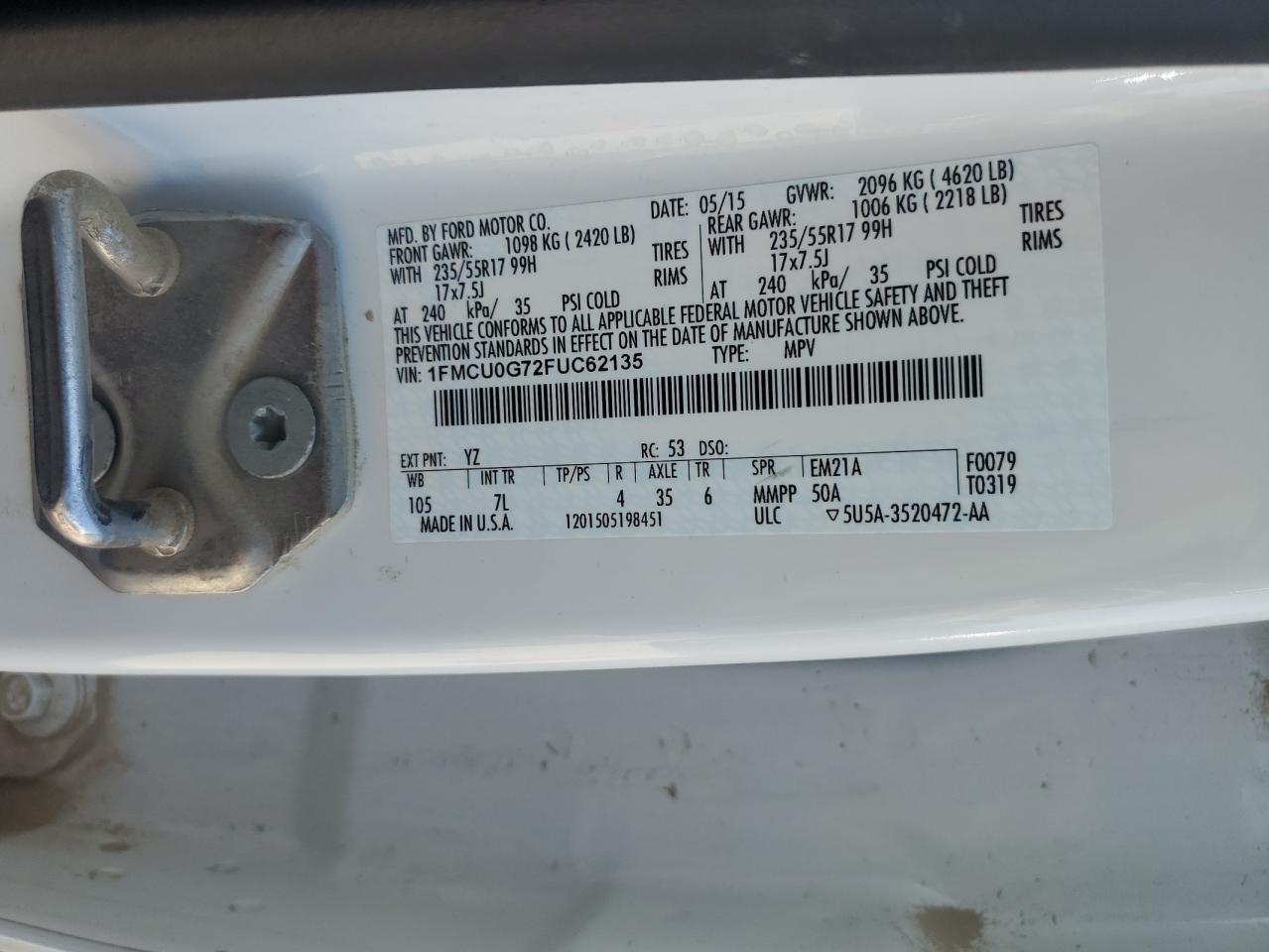 2015 Ford Escape Se VIN: 1FMCU0G72FUC62135 Lot: 64678025