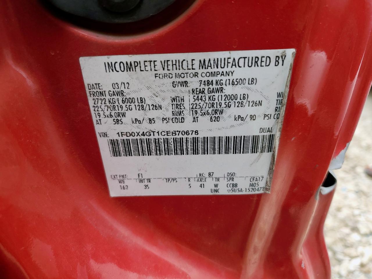 2012 Ford F450 Super Duty VIN: 1FD0X4GT1CEB70678 Lot: 63480095