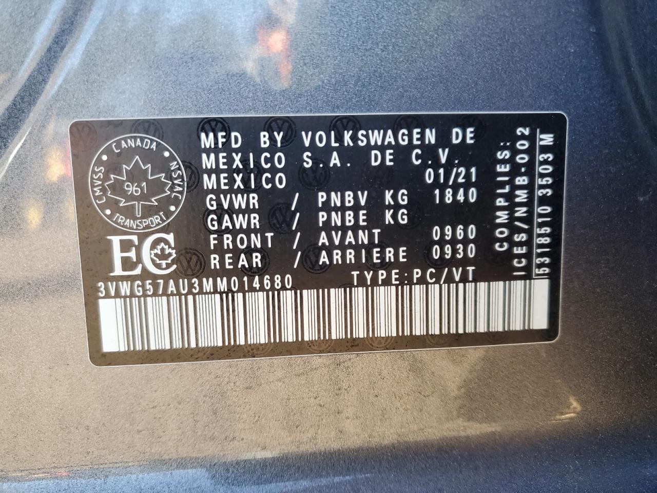 2021 Volkswagen Golf VIN: 3VWG57AU3MM014680 Lot: 65888795