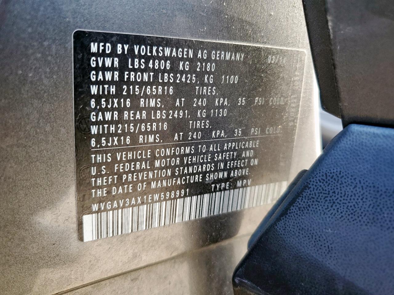2014 Volkswagen Tiguan S VIN: WVGAV3AX1EW598991 Lot: 64499755