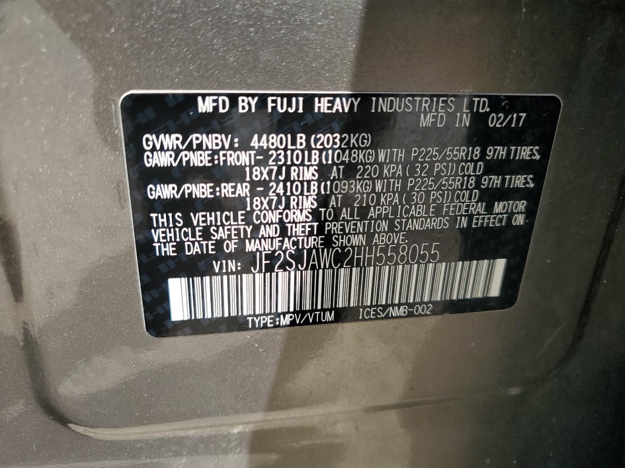 2017 Subaru Forester 2.5I Touring VIN: JF2SJAWC2HH558055 Lot: 65933405