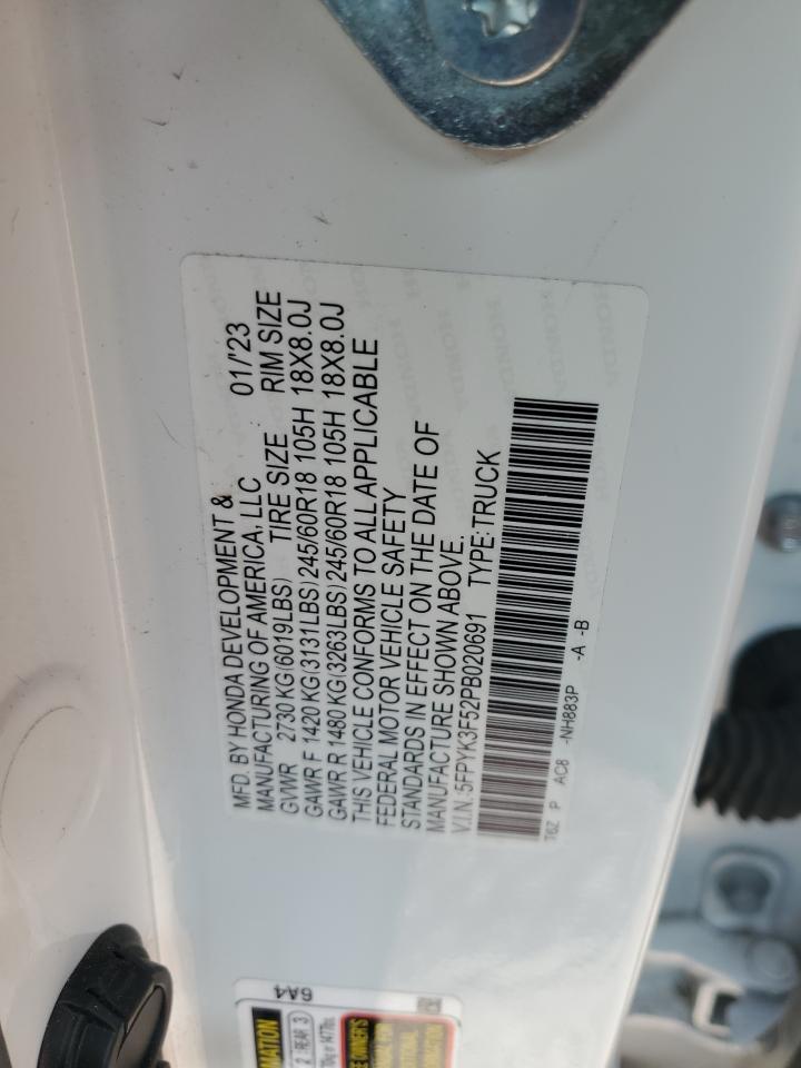 2023 Honda Ridgeline Rtl VIN: 5FPYK3F52PB020691 Lot: 65578935