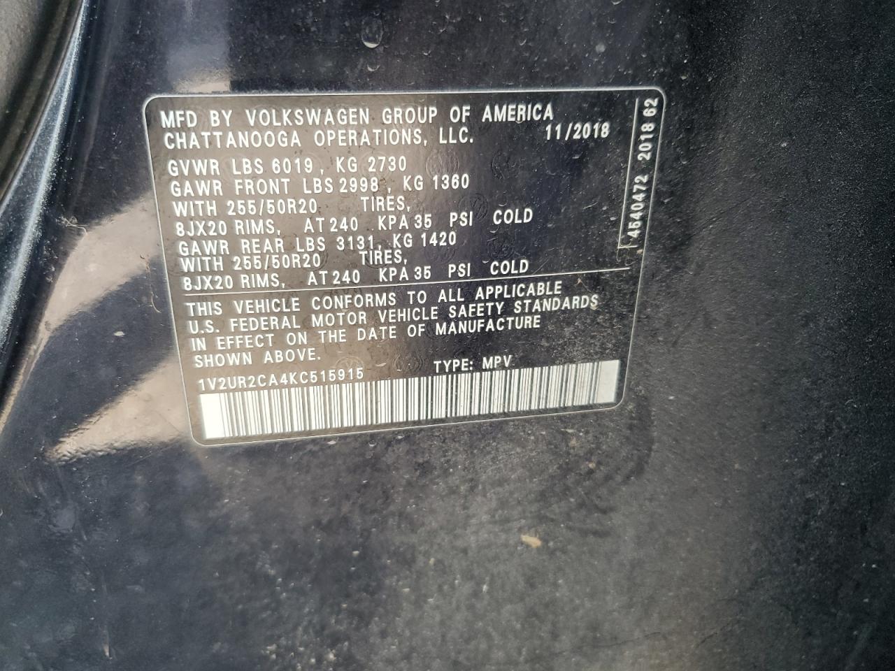 2019 Volkswagen Atlas Se VIN: 1V2UR2CA4KC515915 Lot: 64415115