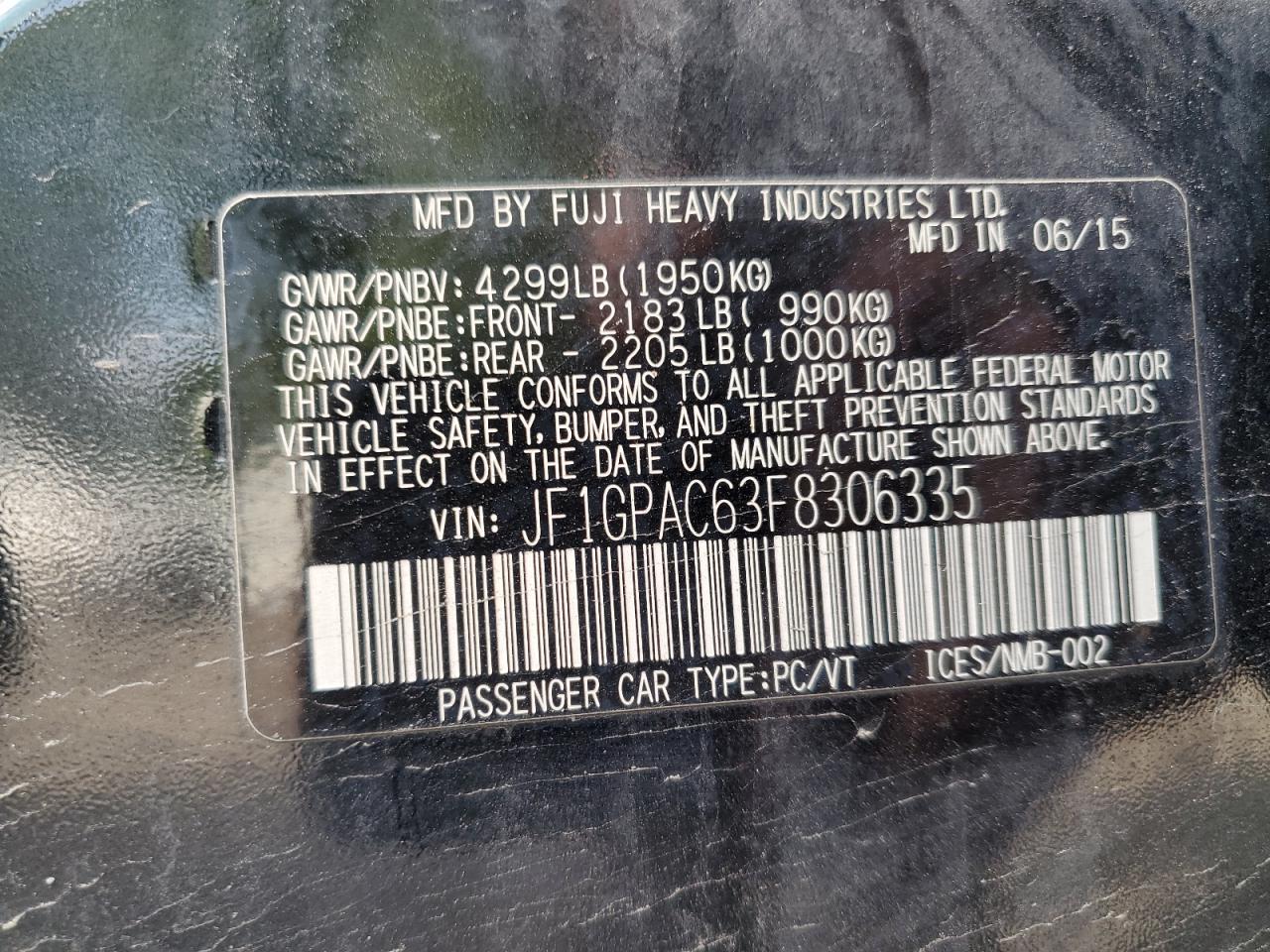 2015 Subaru Impreza Premium VIN: JF1GPAC63F8306335 Lot: 63764225