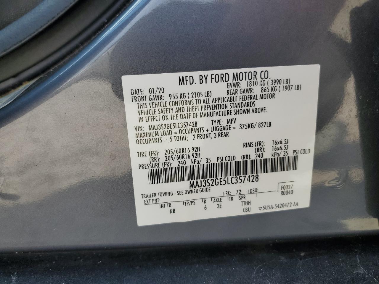 2020 Ford Ecosport Se VIN: MAJ3S2GE5LC357428 Lot: 64216325