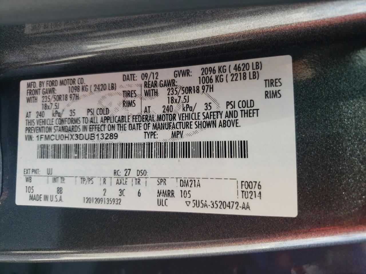 2013 Ford Escape Sel VIN: 1FMCU0HX3DUB13289 Lot: 64195465