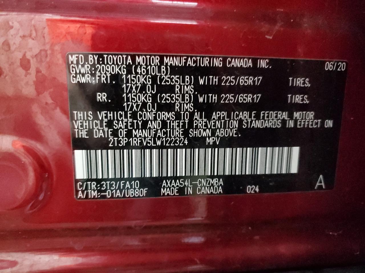 2020 Toyota Rav4 Xle VIN: 2T3P1RFV5LW122324 Lot: 65644165