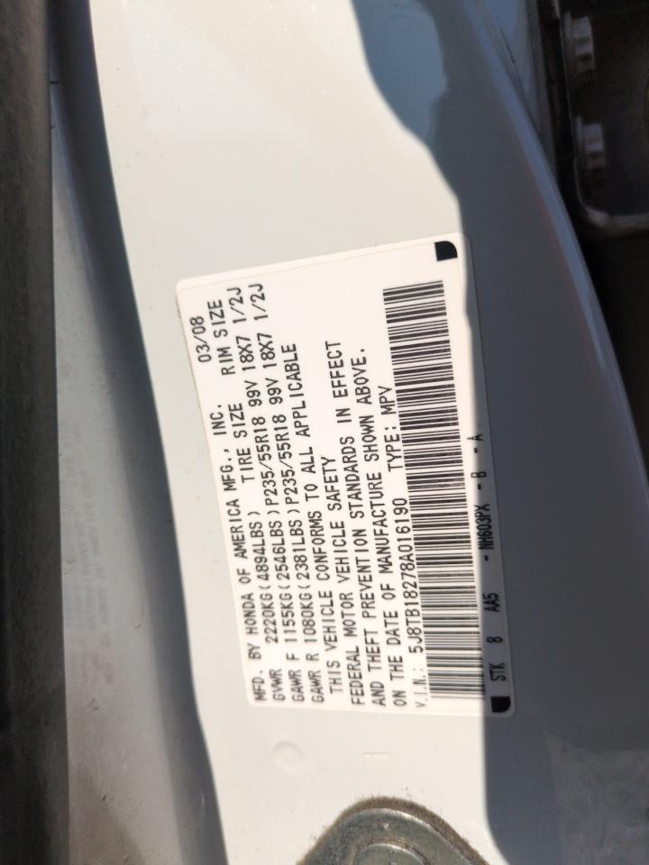 2008 Acura Rdx VIN: 5J8TB18278A016190 Lot: 63073955