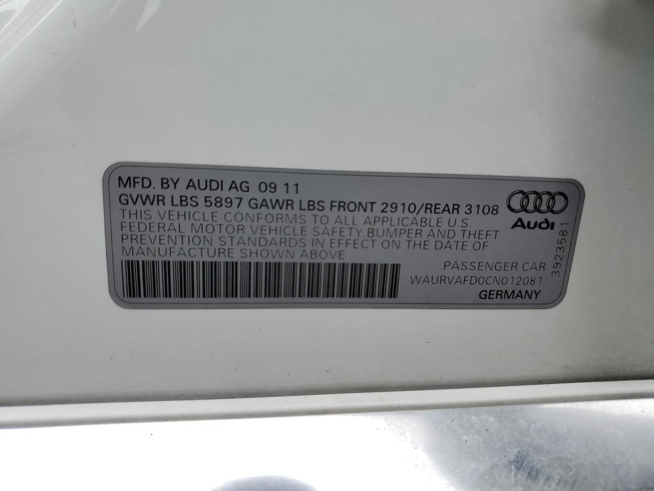 2012 Audi A8 L Quattro VIN: WAURVAFD0CN012081 Lot: 64370025