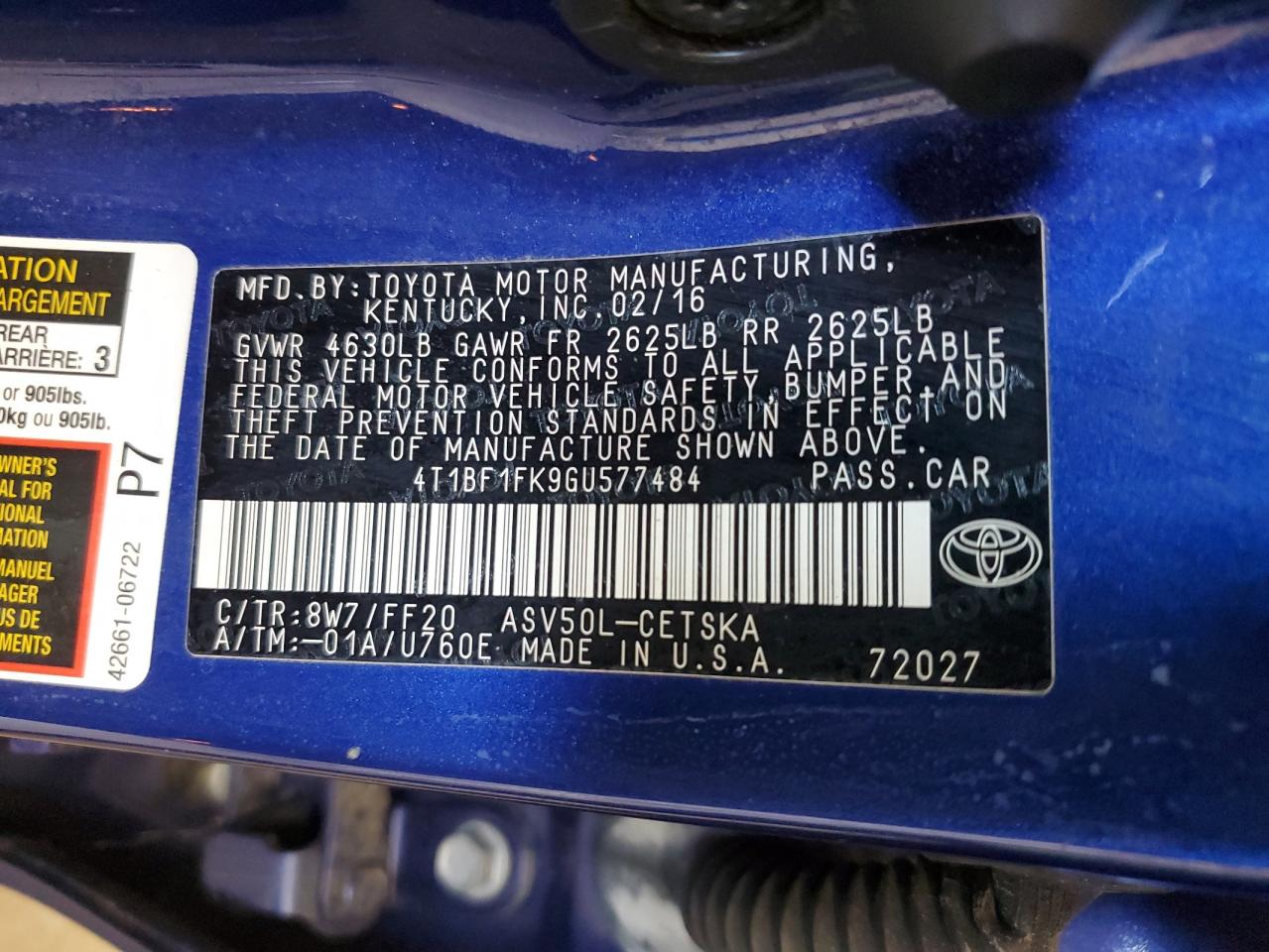 4t1bf1fk9gu577484 4T1BF1FK9GU577484 2016 Toyota Camry Le