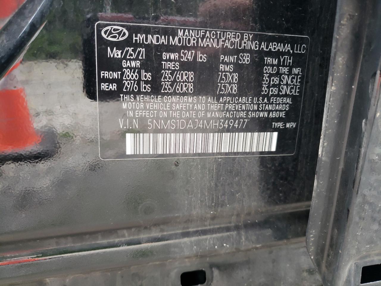 2021 Hyundai Santa Fe Se VIN: 5NMS1DAJ4MH349477 Lot: 62517045