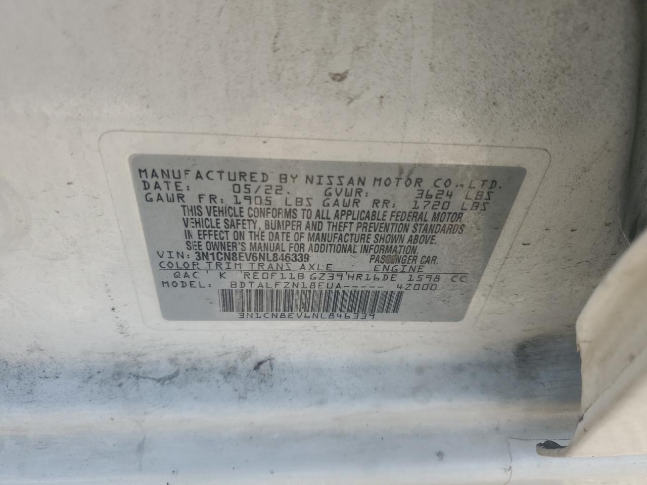 2022 Nissan Versa Sv VIN: 3N1CN8EV6NL846339 Lot: 63849205
