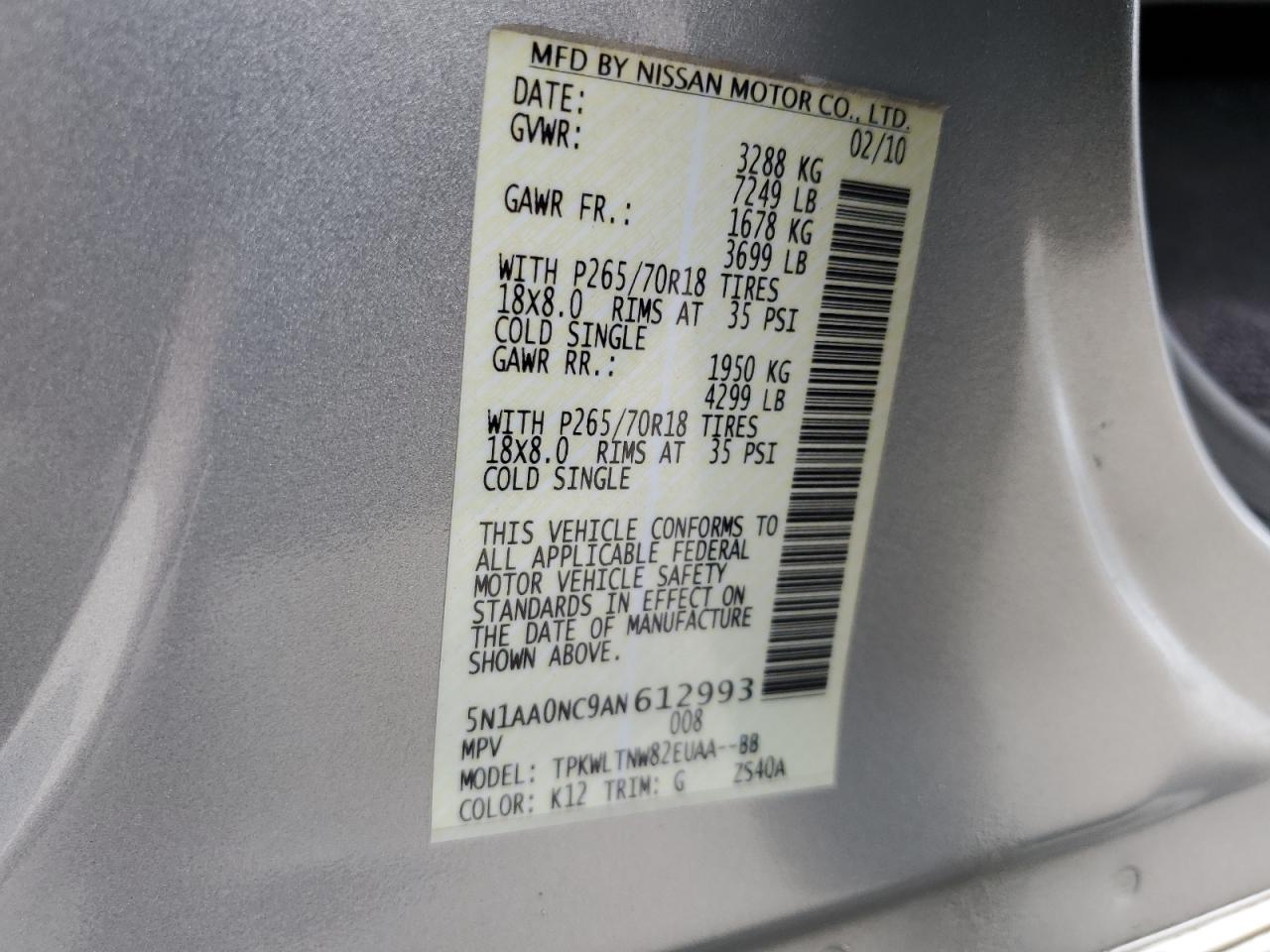 2010 Nissan Armada Se VIN: 5N1AA0NC9AN612993 Lot: 64253765