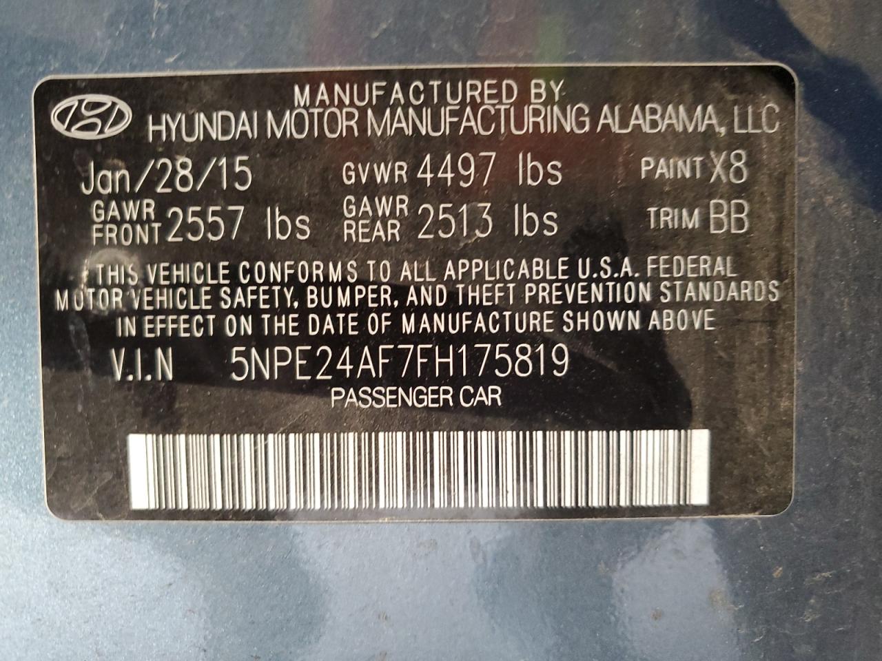 5NPE24AF7FH175819 2015 Hyundai Sonata Se