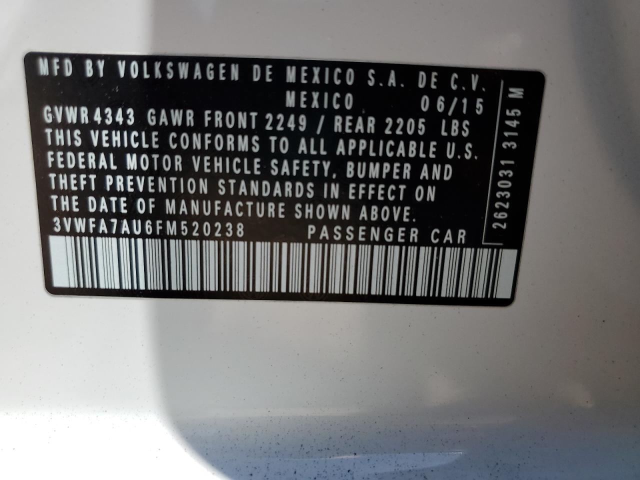 2015 Volkswagen Golf Sportwagen Tdi S VIN: 3VWFA7AU6FM520238 Lot: 64099625