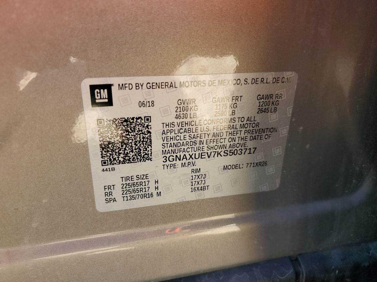 2019 Chevrolet Equinox Lt VIN: 3GNAXUEV7KS503717 Lot: 62958595