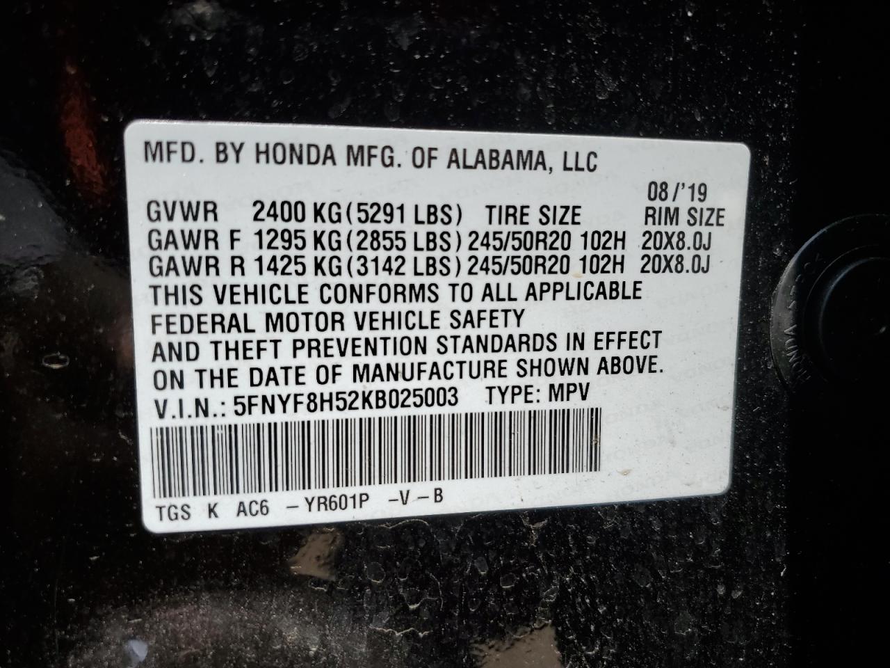 2019 Honda Passport Exl VIN: 5FNYF8H52KB025003 Lot: 64965955