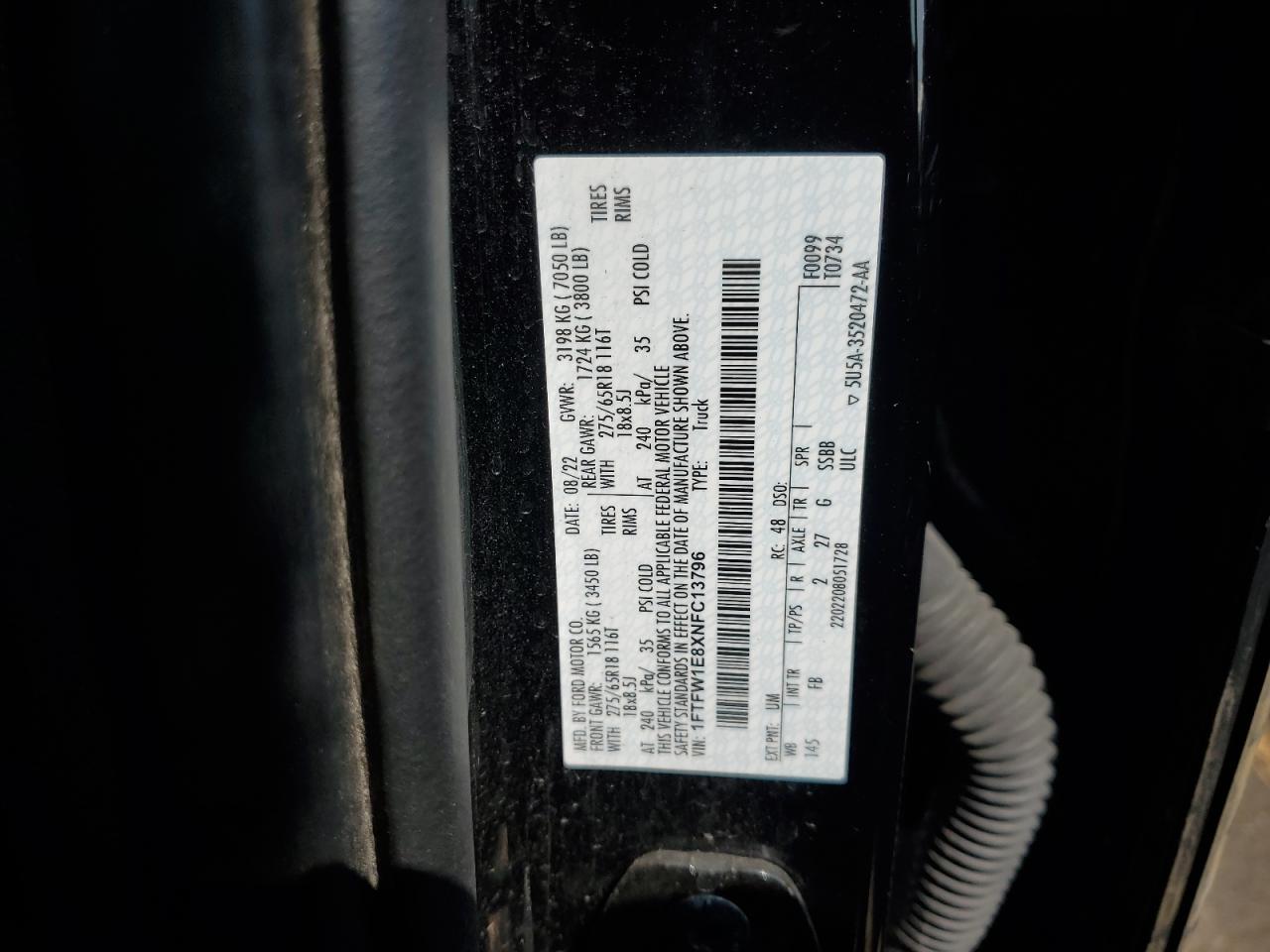 2022 Ford F150 Supercrew VIN: 1FTFW1E8XNFC13796 Lot: 64440315