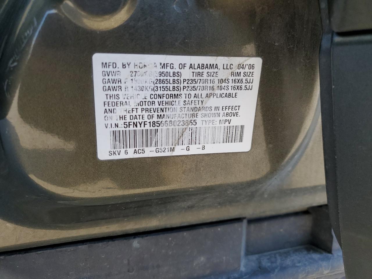 2006 Honda Pilot Ex VIN: 5FNYF18566B023865 Lot: 62358035