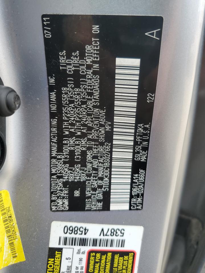 2011 Toyota Sienna Xle VIN: 5TDDK3DC1BS027662 Lot: 65831915
