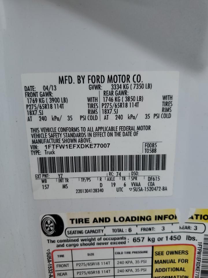 2013 Ford F150 Supercrew VIN: 1FTFW1EFXDKE77007 Lot: 67421915