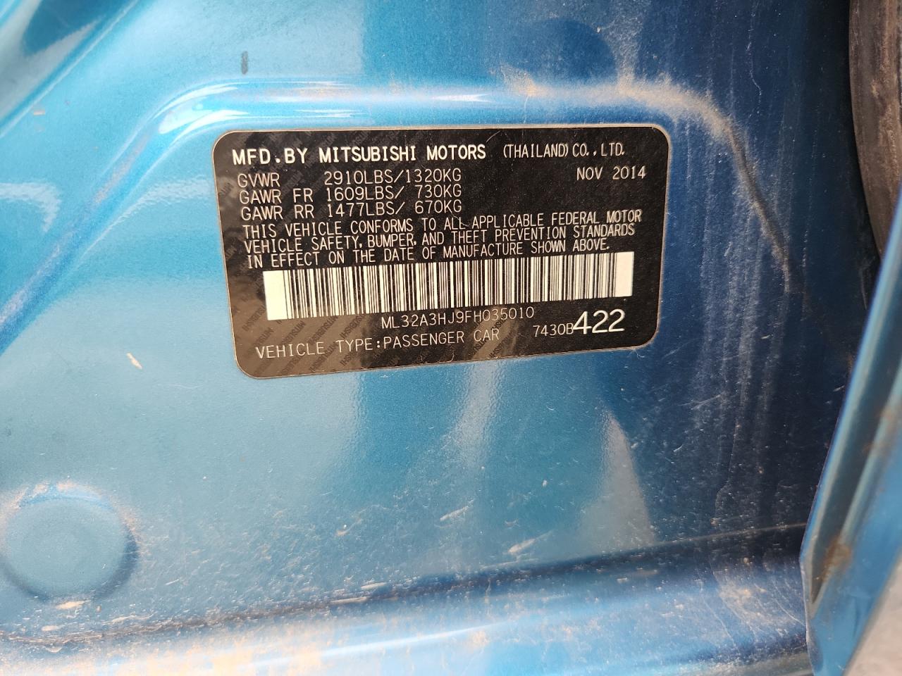 2015 Mitsubishi Mirage De VIN: ML32A3HJ9FH035010 Lot: 63764685