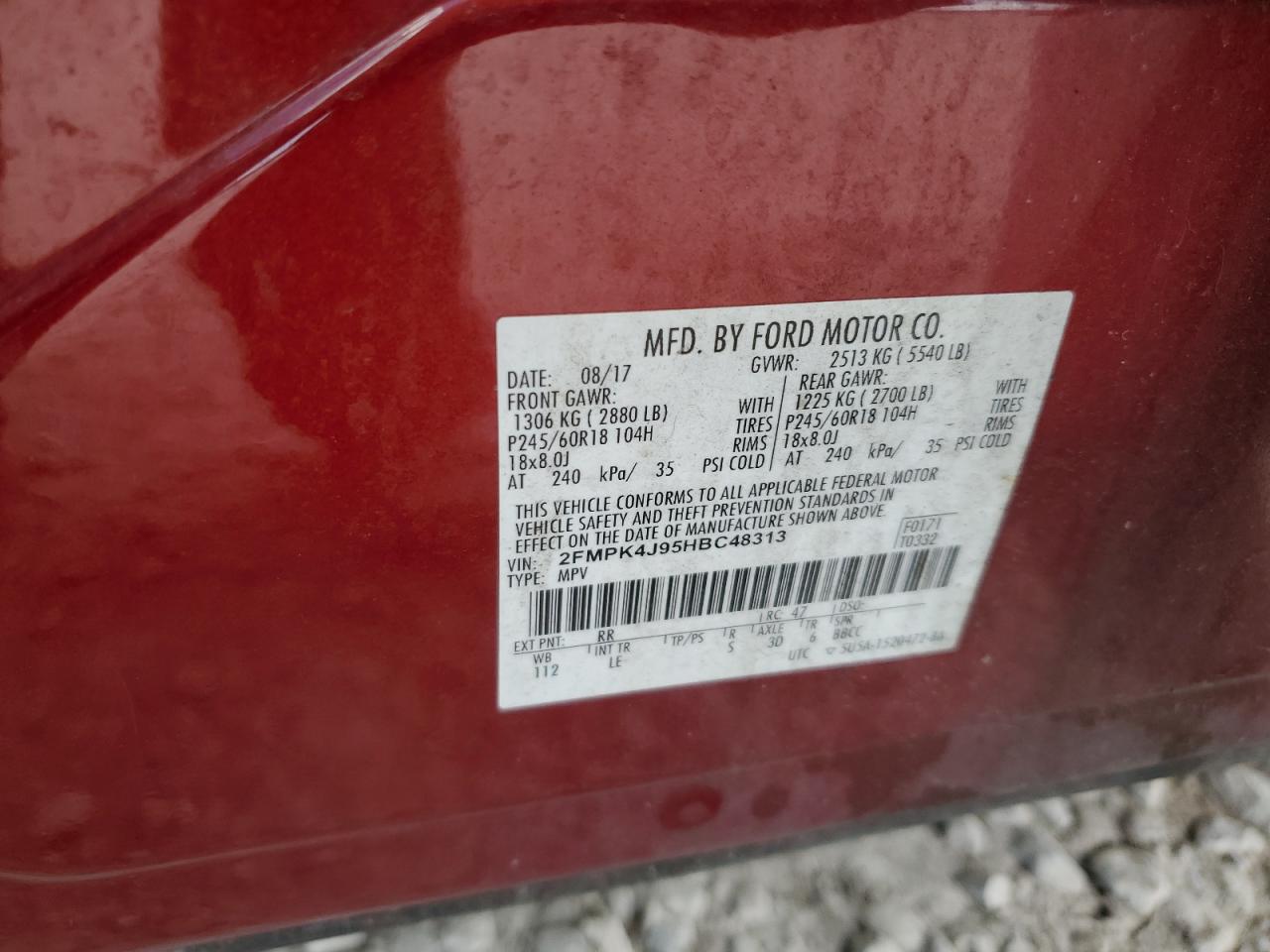 2017 Ford Edge Sel VIN: 2FMPK4J95HBC48313 Lot: 63544505