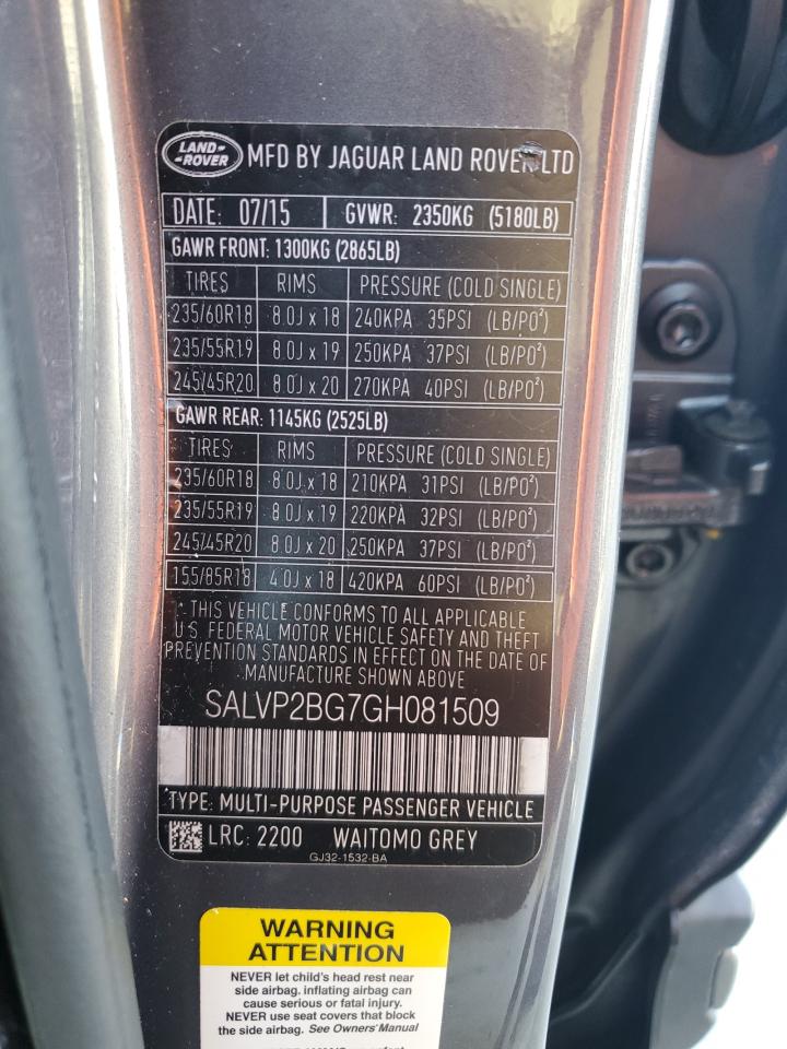 2016 Land Rover Range Rover Evoque Se VIN: SALVP2BG7GH081509 Lot: 64671595