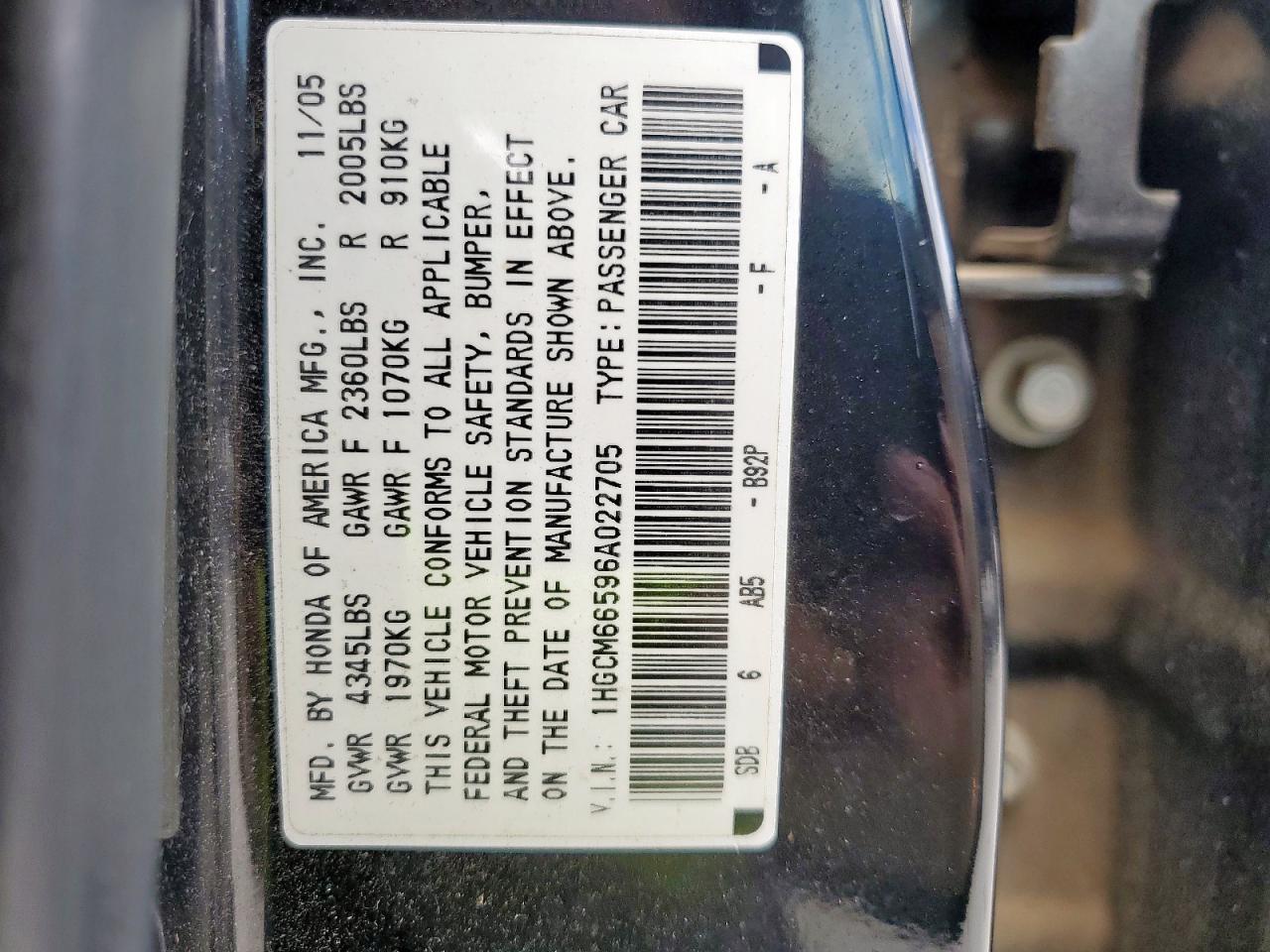 2006 Honda Accord Ex VIN: 1HGCM66596A022705 Lot: 64009855