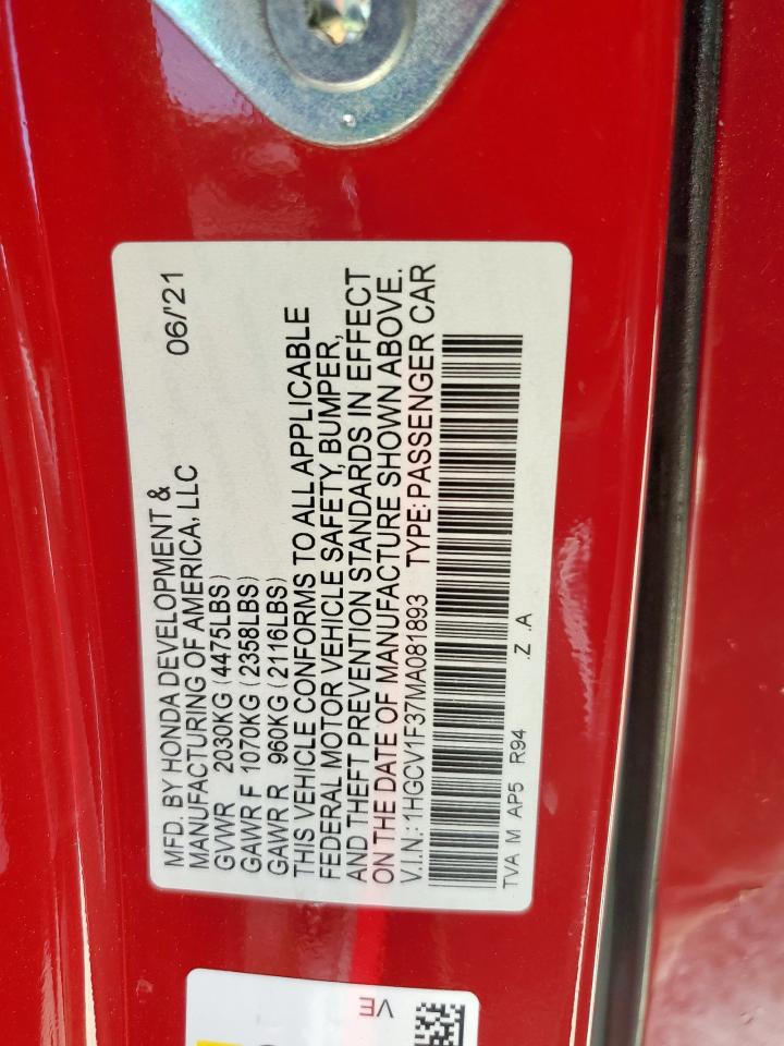 2021 Honda Accord Sport VIN: 1HGCV1F37MA081893 Lot: 67129745
