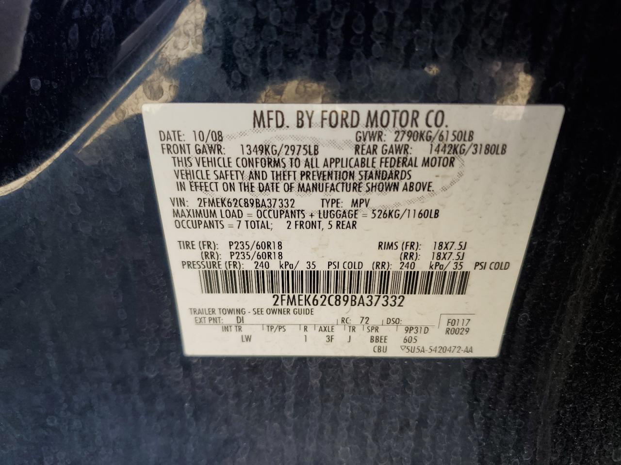 2009 Ford Flex Sel VIN: 2FMEK62C89BA37332 Lot: 63232735