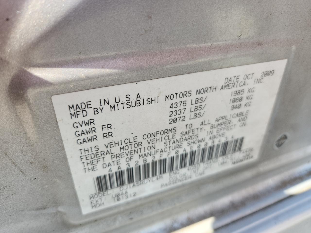 2010 Mitsubishi Galant Fe VIN: 4A32B2FF0AE008434 Lot: 64974365