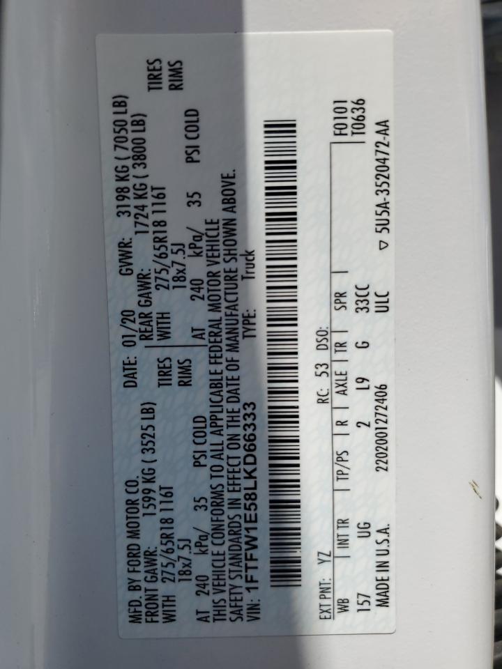 2020 Ford F150 Supercrew VIN: 1FTFW1E58LKD66333 Lot: 65158065