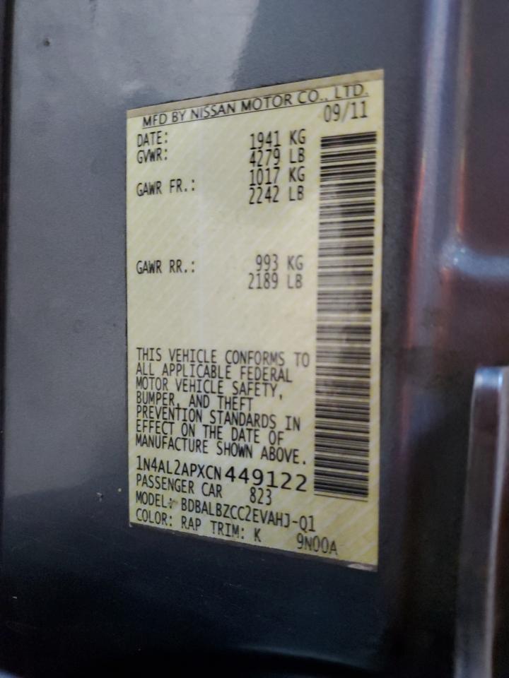 2012 Nissan Altima Base VIN: 1N4AL2APXCN449122 Lot: 65390115