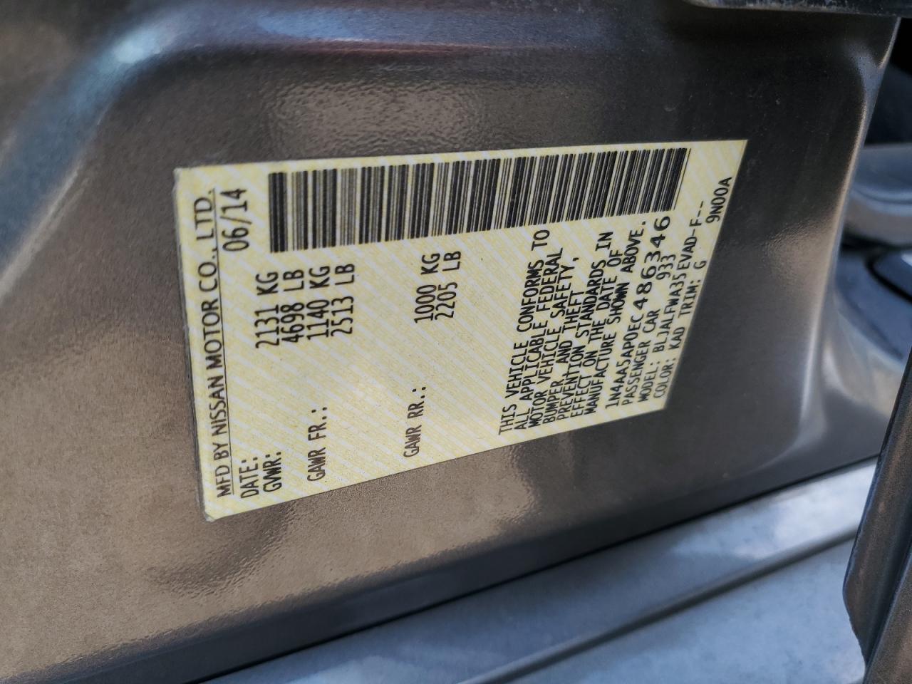 2014 Nissan Maxima S VIN: 1N4AA5APOEC486346 Lot: 63794845