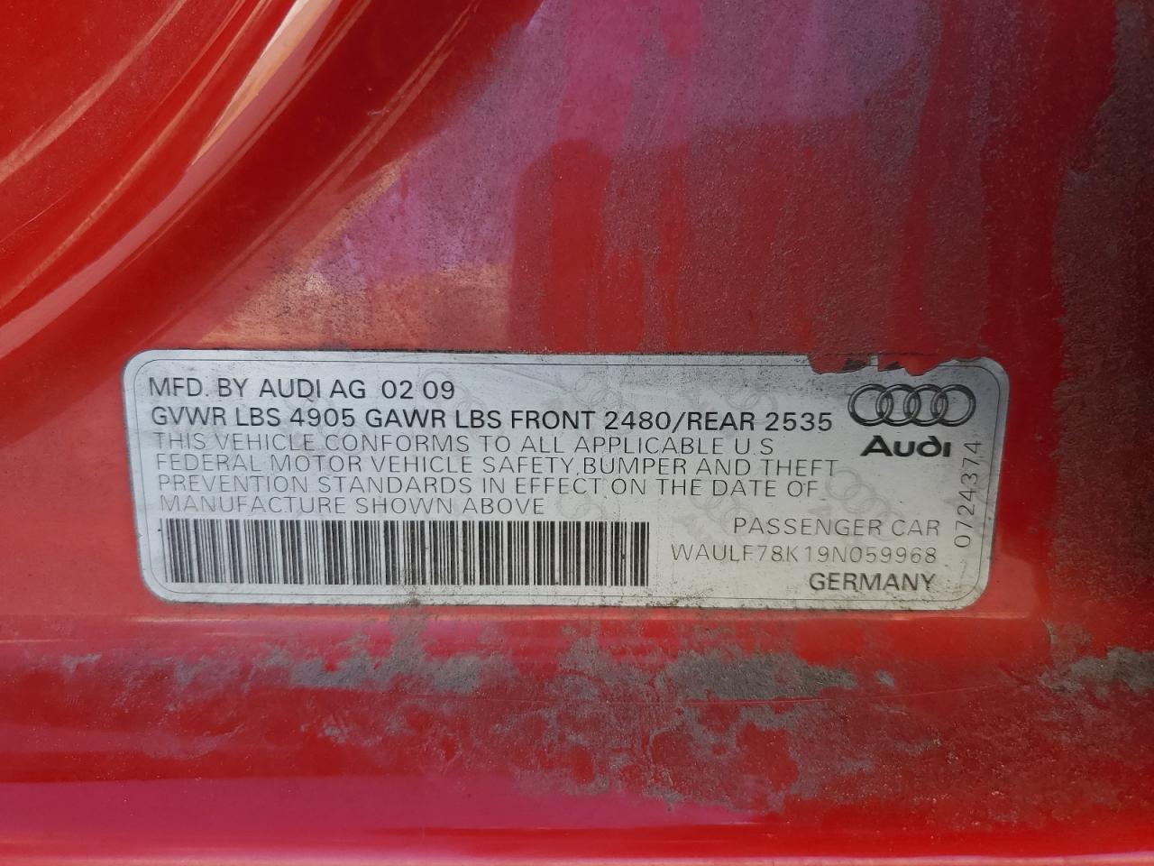 2009 Audi A4 2.0T Quattro VIN: WAULF78K19N059968 Lot: 65025315