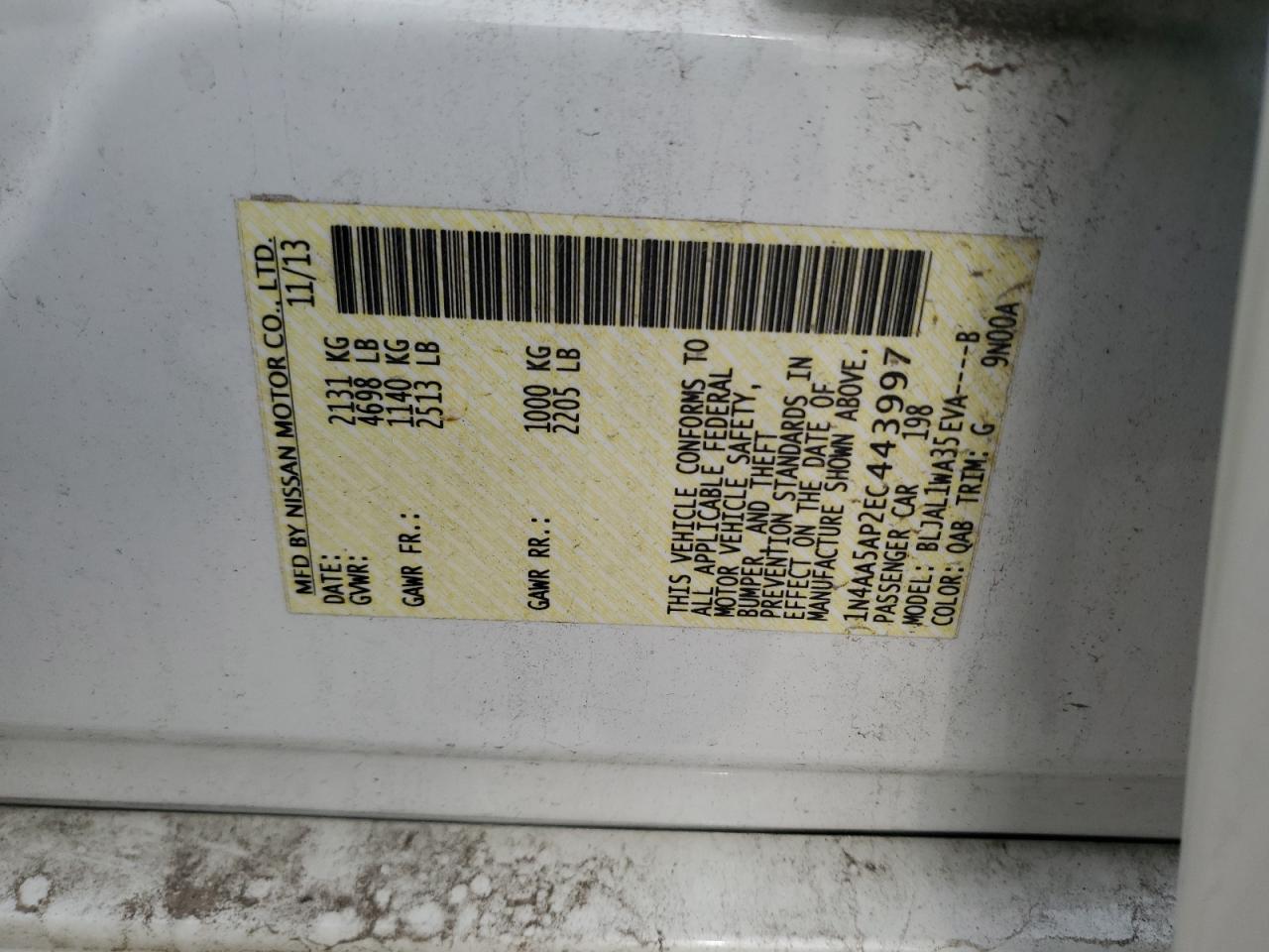 2014 Nissan Maxima S VIN: 1N4AA5AP2EC443997 Lot: 64569925