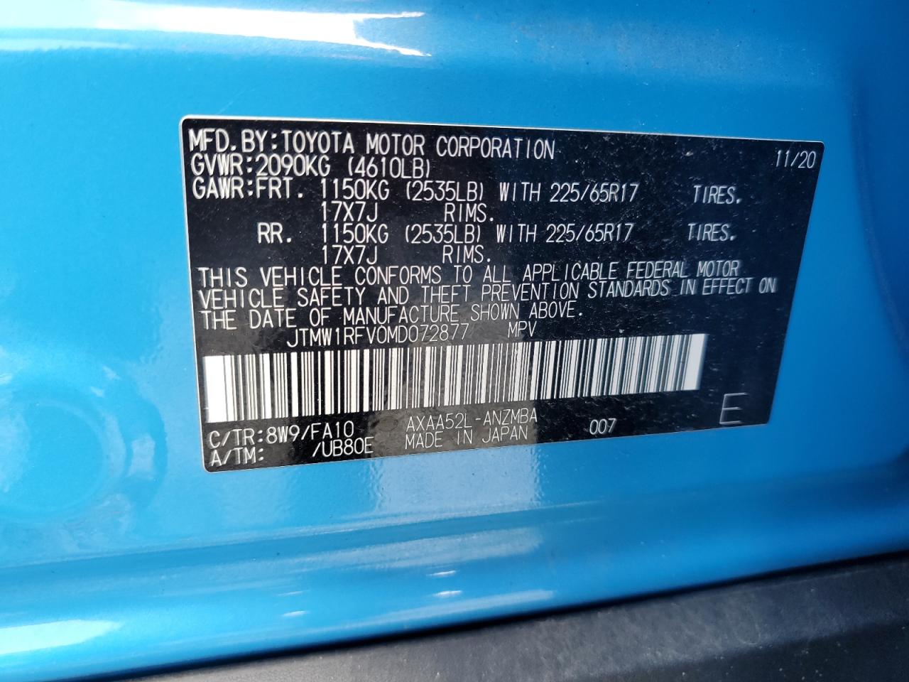 2021 Toyota Rav4 Xle VIN: JTMW1RFV0MD072877 Lot: 64422335